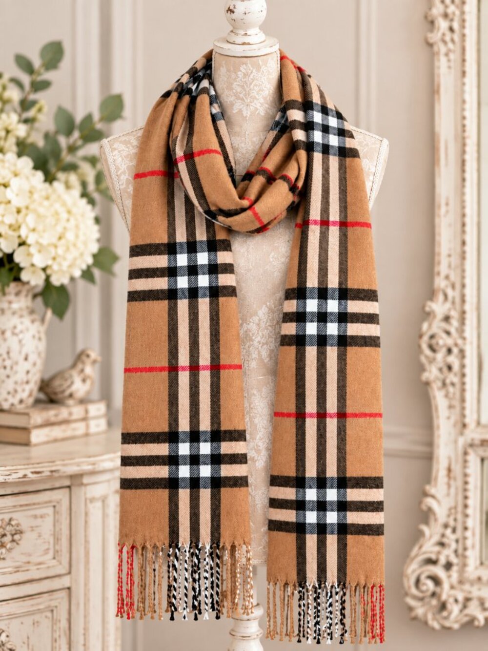 Cashmere Feel Plaid Tartan Fringe Scarf Soft Acrylic - New with Tags